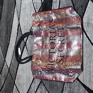 VICTORIA SECRET SEQUINS SIGNATURE STRIPE CANVAS SHOULDER TOTE BAG